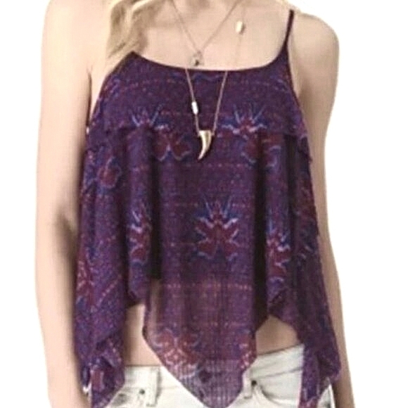 Free People Tank Top Cami Boho Ikat Dew Drop Handkerchief Hem - Picture 1 of 11